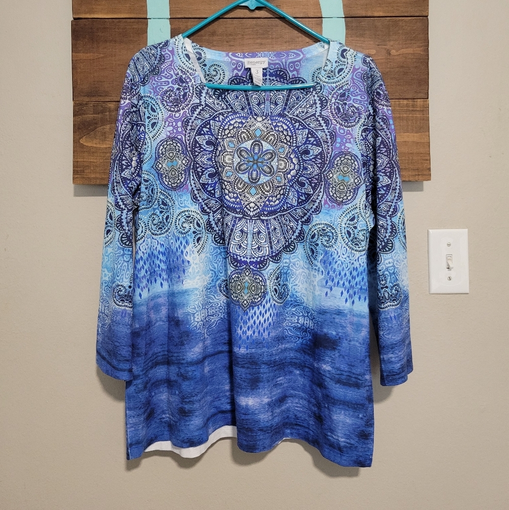 Zenergy By Chicos Multicolor Blue Mandala Print Women's Top Tee Size 3 (XL)